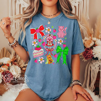 Strawberry Graphic Tee | Retro Cartoon Kitty & Bow Shirt | Comfort Colors