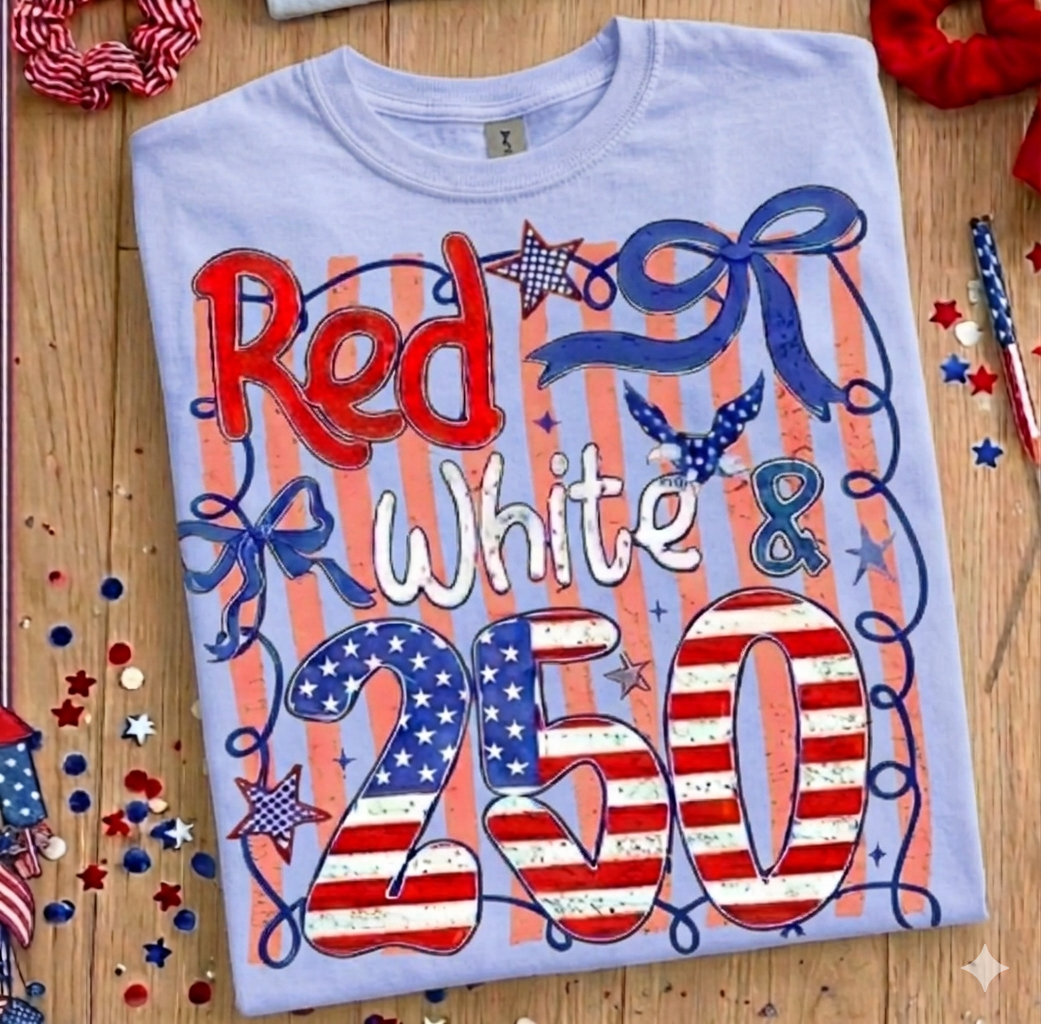 Two hundred and fifty years of freedom — and we're still celebrating. This bold patriotic graphic tee features retro-style lettering, stars, a firecracker, and a coquette bow on a classic pink stripe flag design. The perfect way to rep your American pride with a fun, feminine twist.