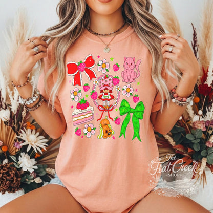 Strawberry Graphic Tee | Retro Cartoon Kitty & Bow Shirt | Comfort Colors