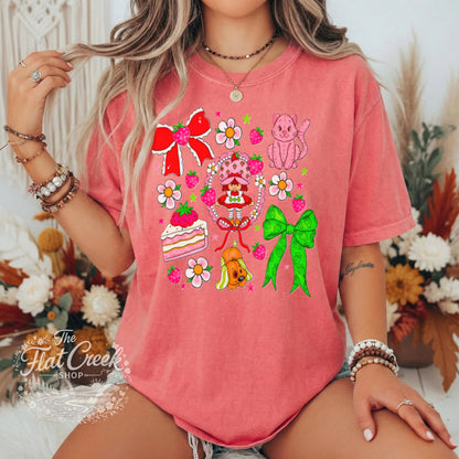Strawberry Graphic Tee | Retro Cartoon Kitty & Bow Shirt | Comfort Colors