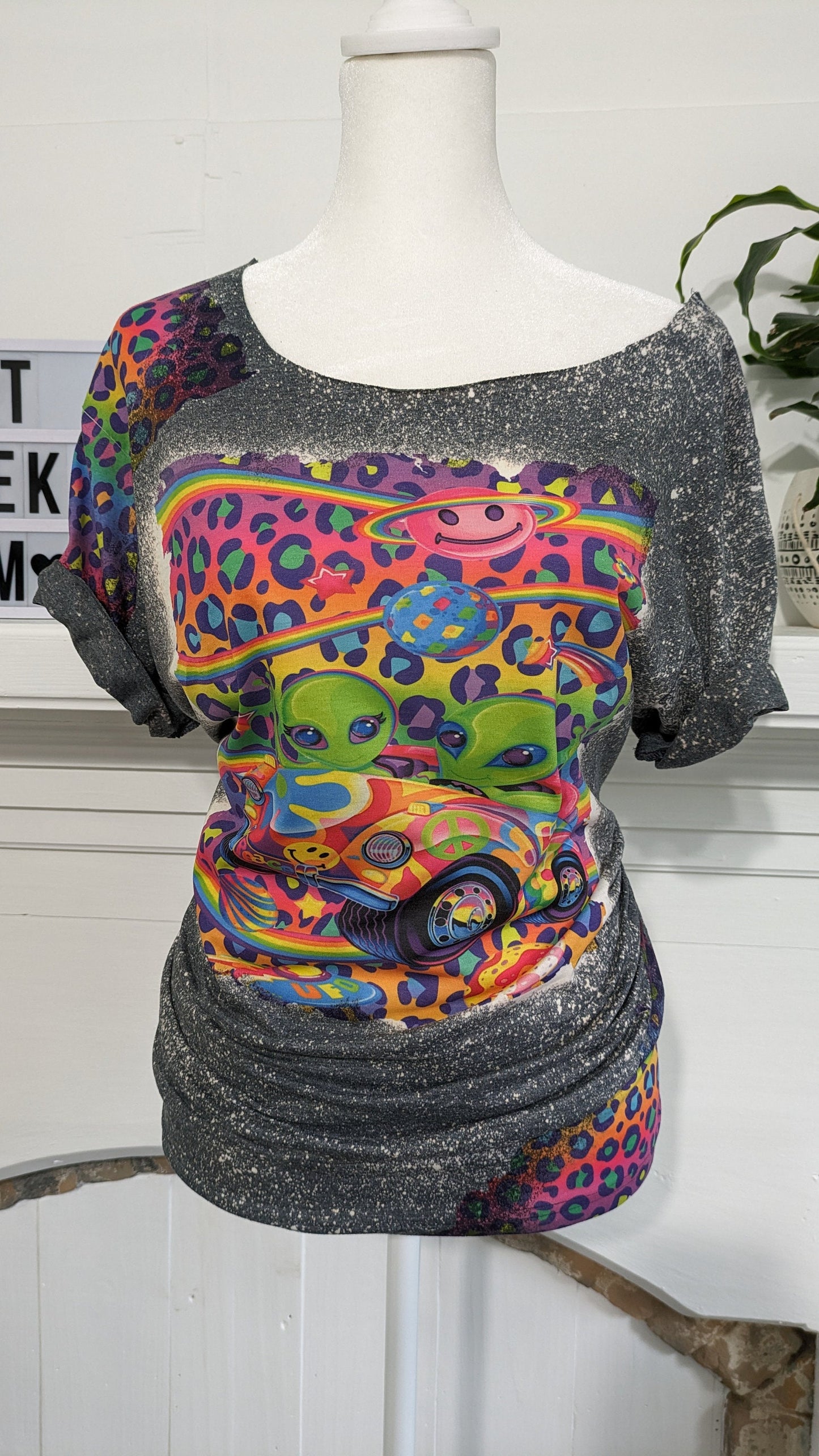 Bleached 90s Cartoon Tee | Neon Leopard Print Off-Shoulder Shirt