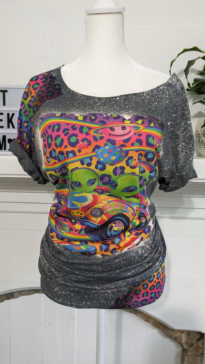 Bleached 90s Cartoon Tee | Neon Leopard Print Off-Shoulder Shirt