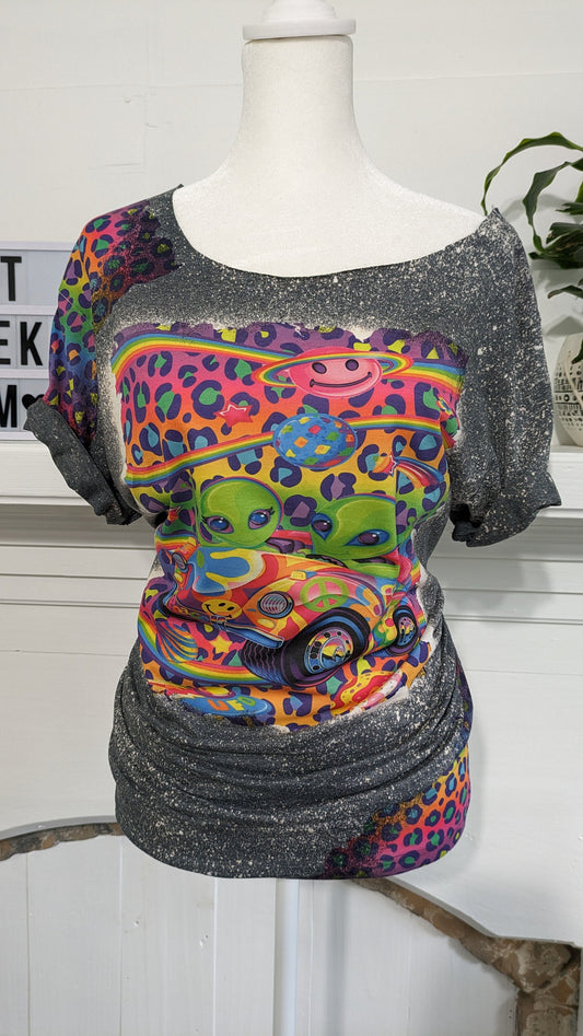 Bleached 90s Cartoon Tee | Neon Leopard Print Off-Shoulder Shirt