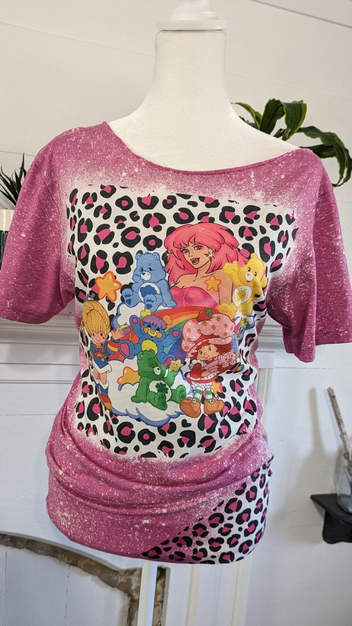 80s Cartoon Neon Leopard Print Bleached Shirt | Off - Shoulder Retro Graphic TeeSmallThe Flat Creek Shop LLC