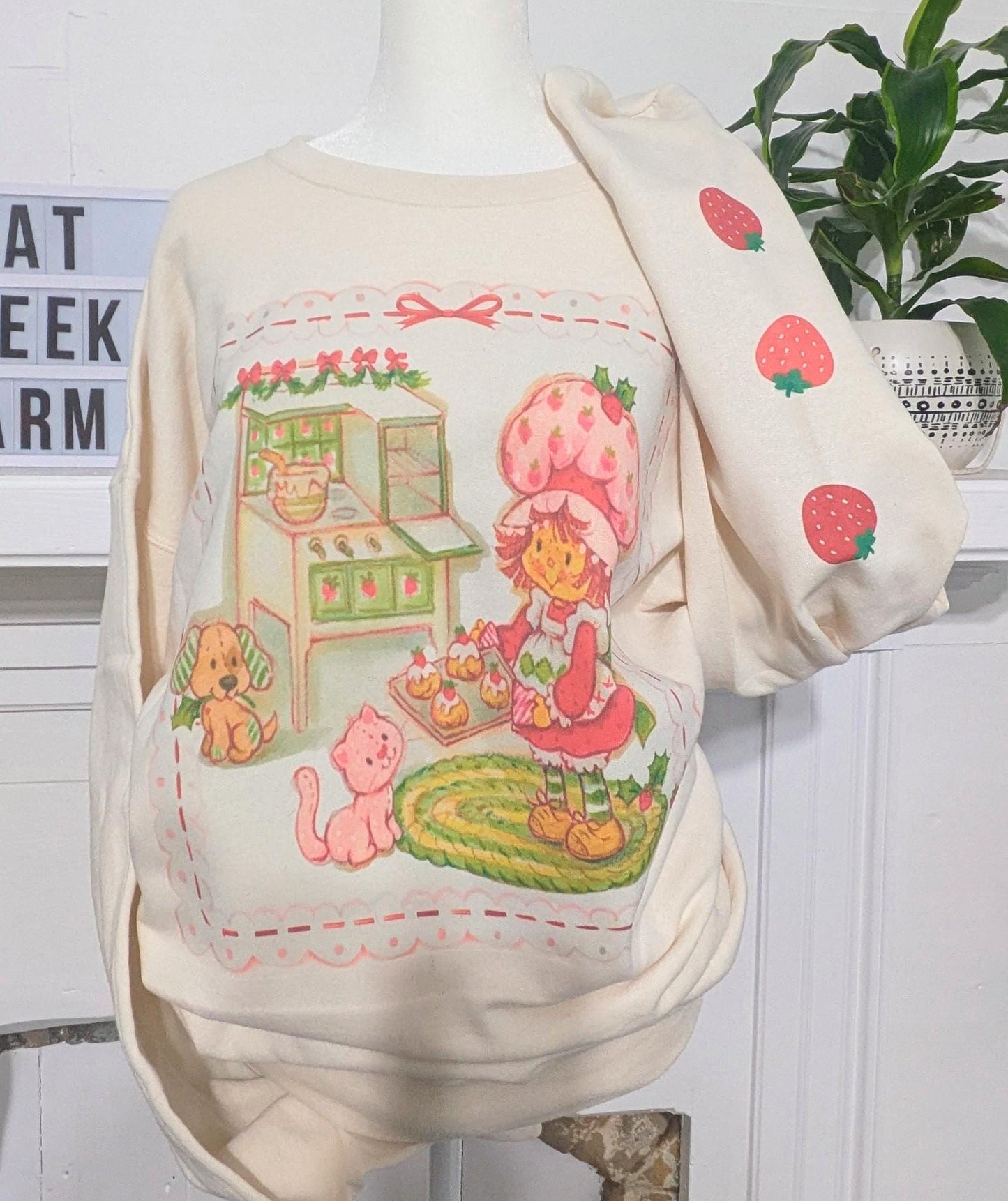 80s Throwback Strawberry Shortcake Nostalgia Sweatshirt | Bleached Cartoon SweaterSmallThe Flat Creek Shop LLC