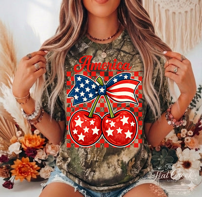 America Cherry Camo Tee | Patriotic Bow Graphic Shirt