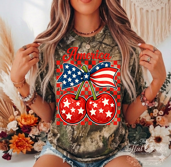 America Cherry Camo Tee | Patriotic Bow Graphic Shirt