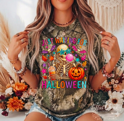 Just Waiting for Halloween Camo Skeleton Tee