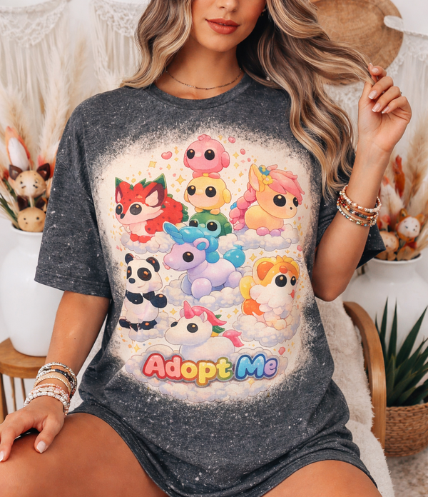 Adopt Me Pet Stack Bleached Graphic Tee - Cute Gamer Shirt - Kawaii Animals Pastel Clouds T-Shirt - Mythical Pets Apparel - Kids & Adult Gamer Gift