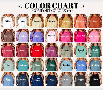 Color chart for Comfort Colors 1717 with various shirt colors and names.