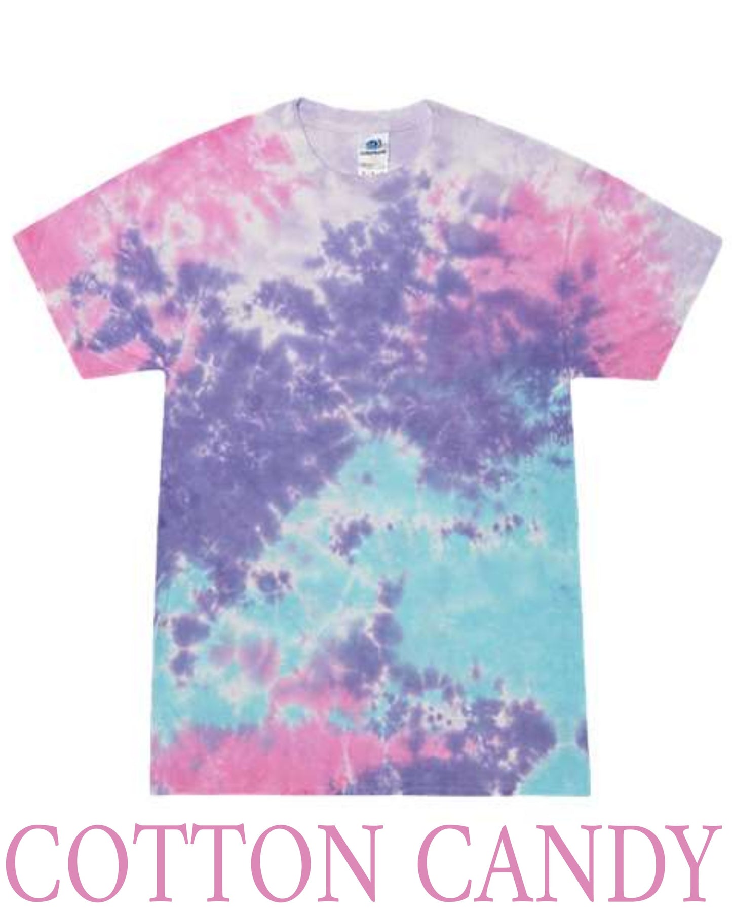 Tie-dye t-shirt with pink, purple, and blue colors on a white background.