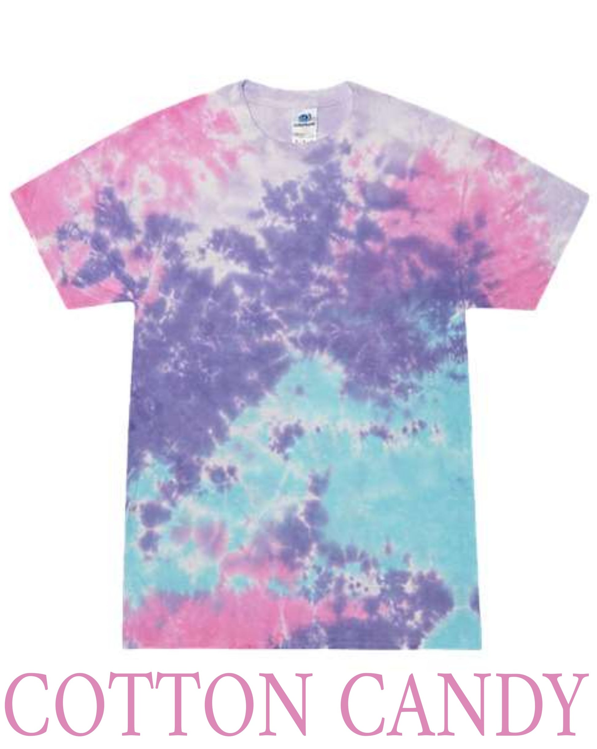 Tie-dye t-shirt with pink, purple, and blue colors on a white background.