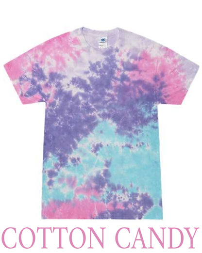 Tie-dye t-shirt with pink, purple, and blue colors on a white background.