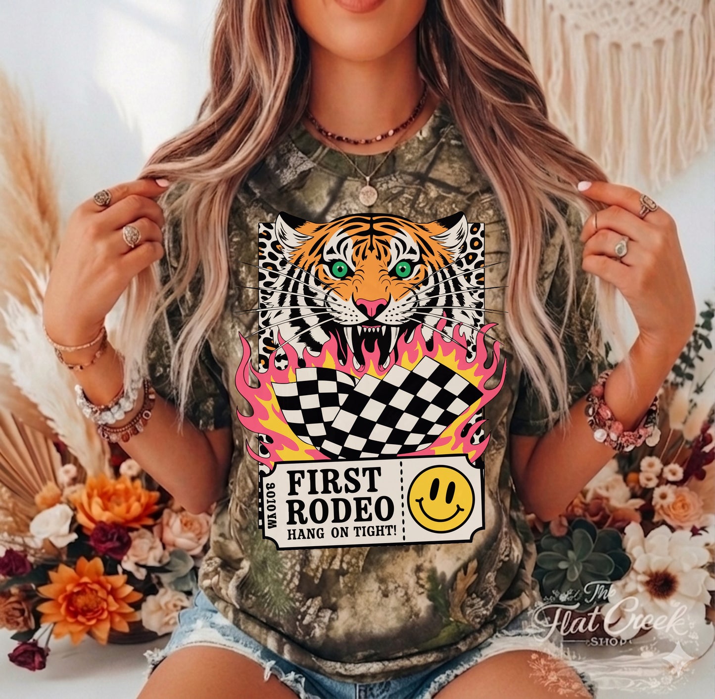 First Rodeo Hang On Tight | Tiger Camo Graphic Tee