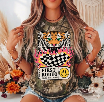 First Rodeo Hang On Tight | Tiger Camo Graphic Tee