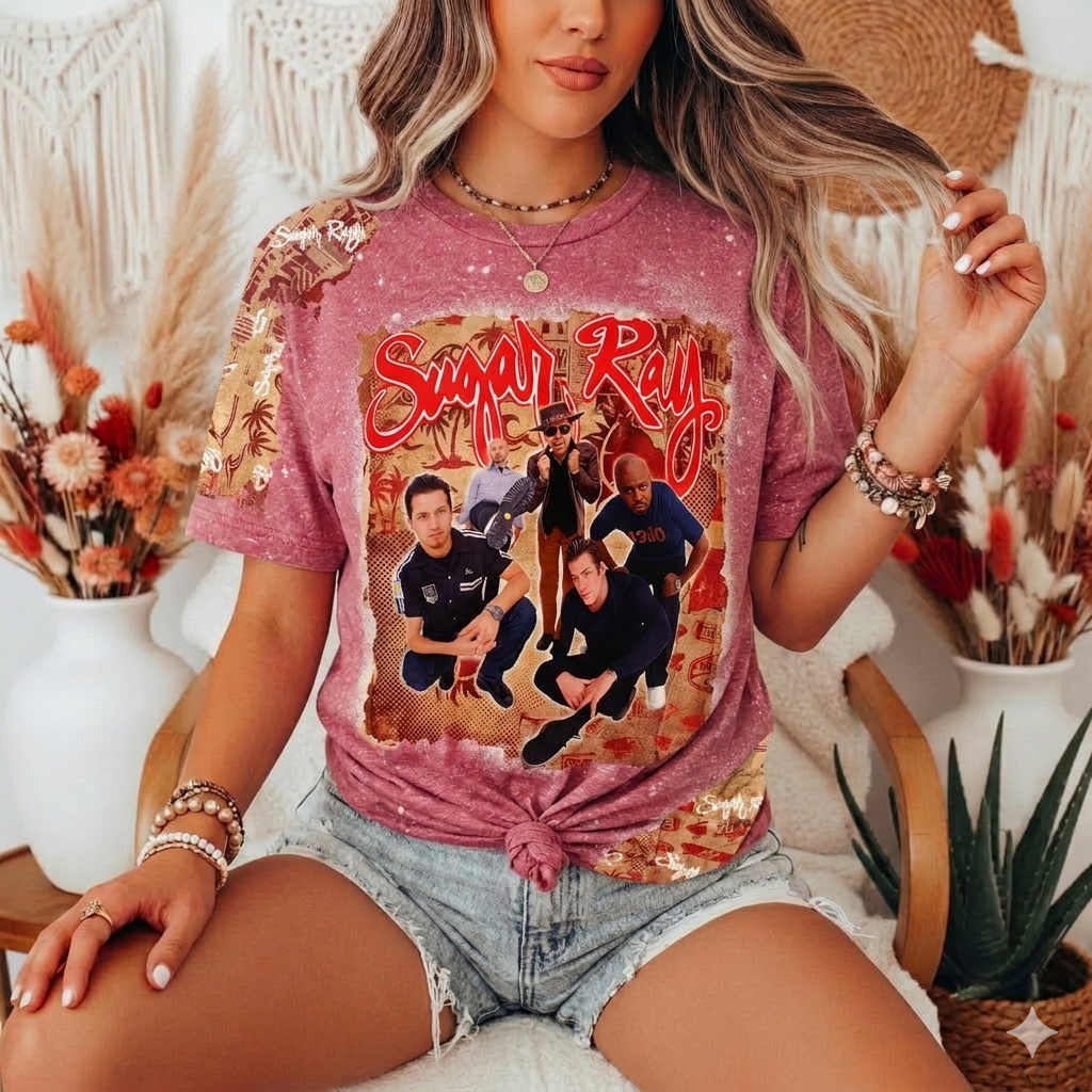 Person wearing a pink t-shirt with a graphic design, sitting in a decorative indoor setting.