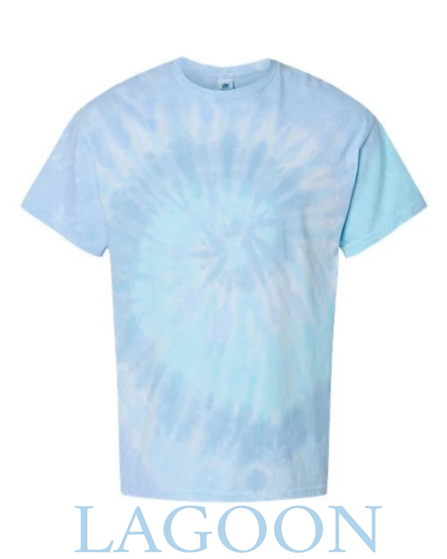 Tie-dye t-shirt in light blue and white with 'LAGOON' branding on a white background