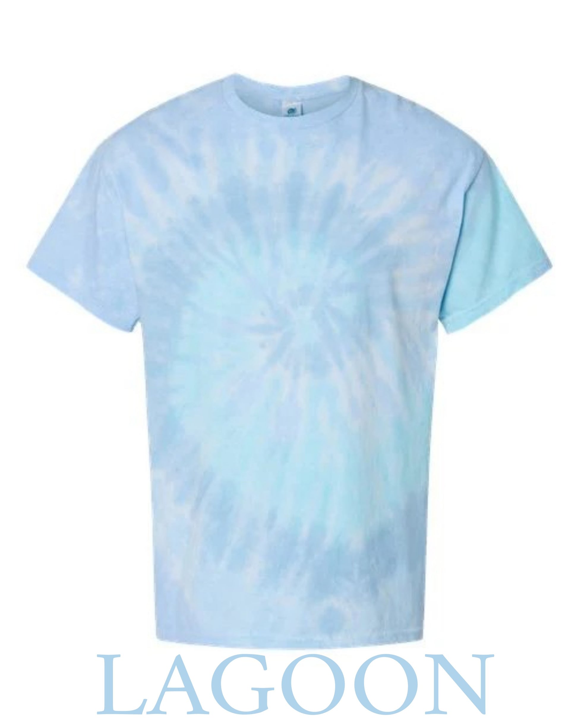 Tie-dye t-shirt in light blue and white with 'LAGOON' branding on a white background