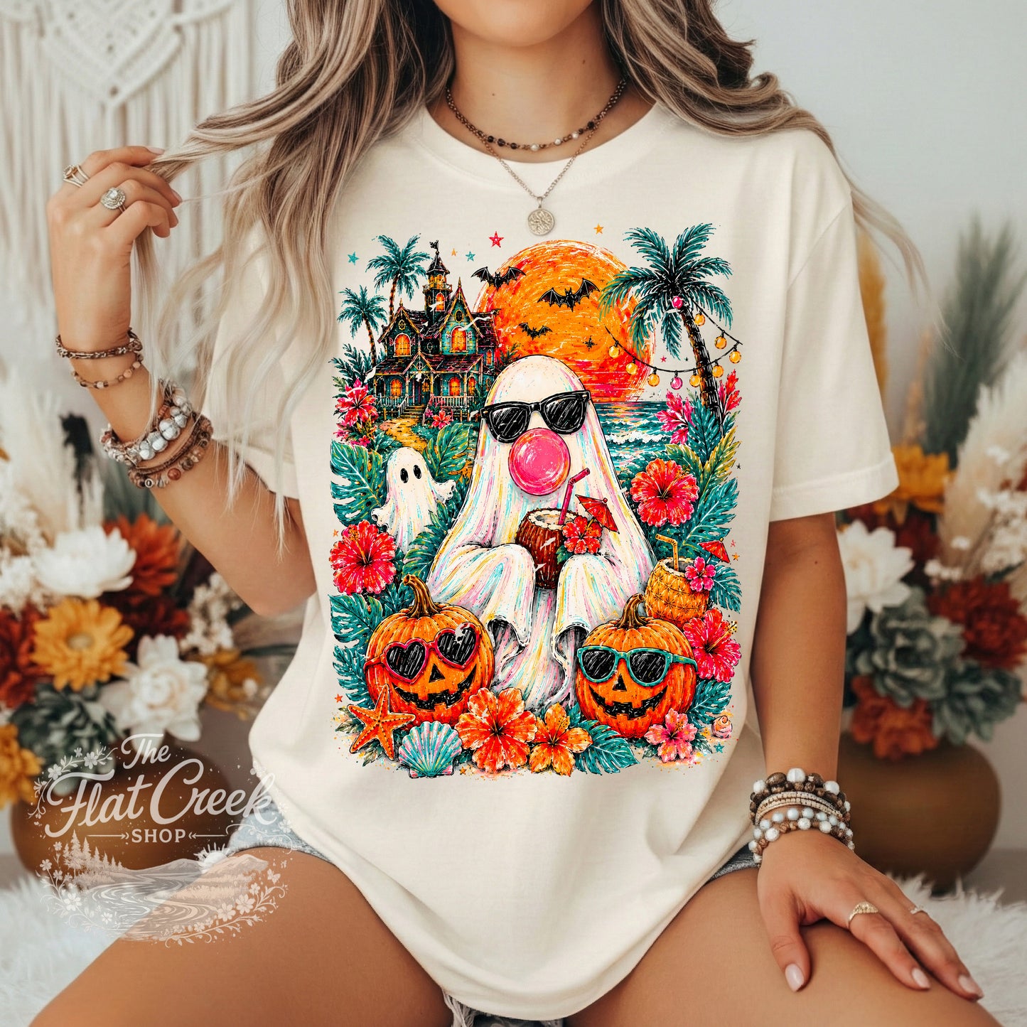 Tropical Halloween Ghost Graphic Tee