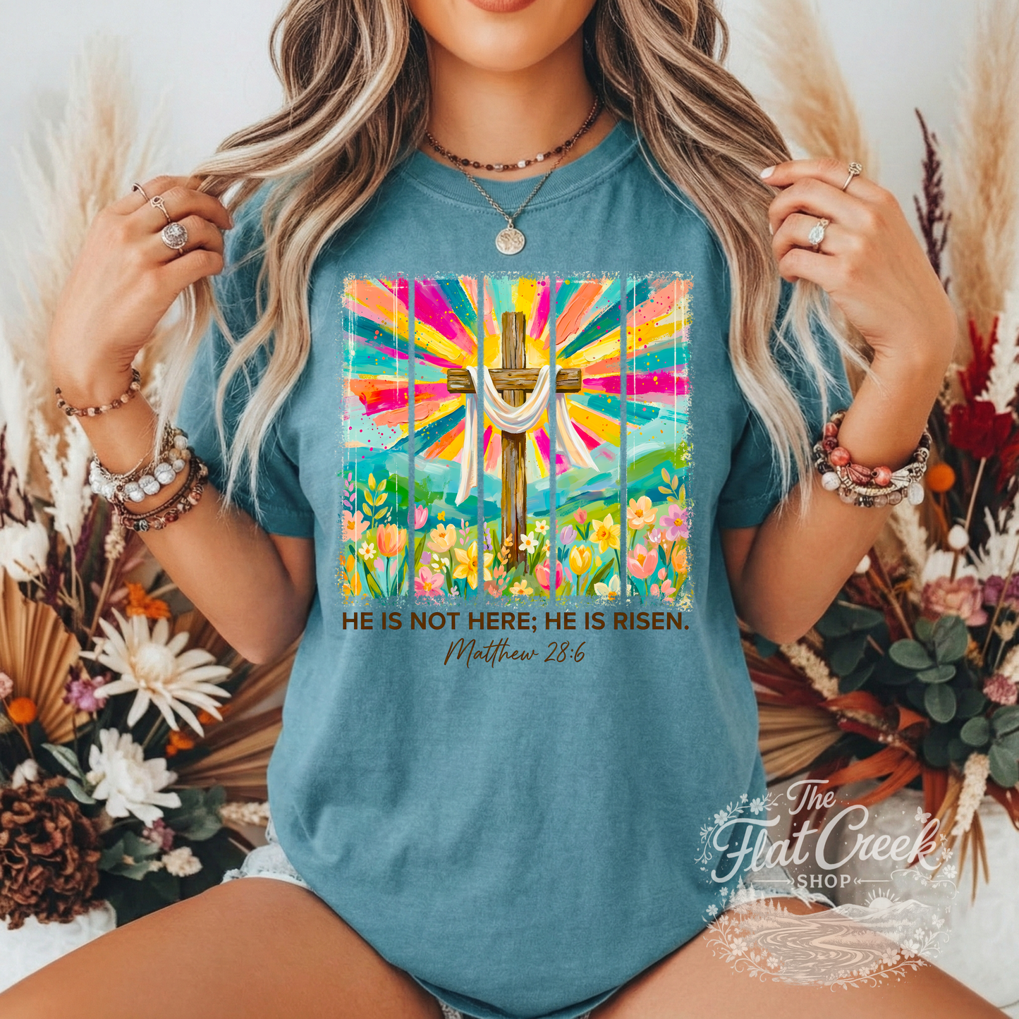 He Is Not Here He Is Risen Shirt | Matthew 28:6 Christian Tee | Easter Cross Graphic T-Shirt | Faith Based Shirt for Women