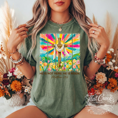 He Is Not Here He Is Risen Shirt | Matthew 28:6 Christian Tee | Easter Cross Graphic T-Shirt | Faith Based Shirt for Women