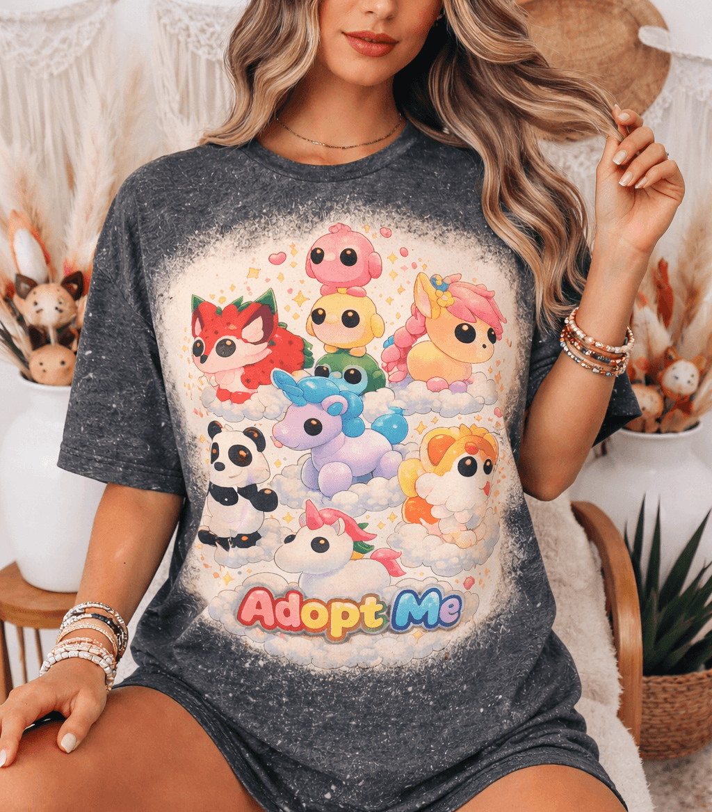 Adopt Me Pet Stack Bleached Graphic Tee - Cute Gamer Shirt - Kawaii Animals Pastel Clouds T-Shirt - Mythical Pets Apparel - Kids & Adult Gamer GiftSThe Flat Creek Shop LLC
