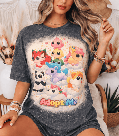 Adopt Me Pet Stack Bleached Graphic Tee - Cute Gamer Shirt - Kawaii Animals Pastel Clouds T-Shirt - Mythical Pets Apparel - Kids & Adult Gamer GiftSThe Flat Creek Shop LLC