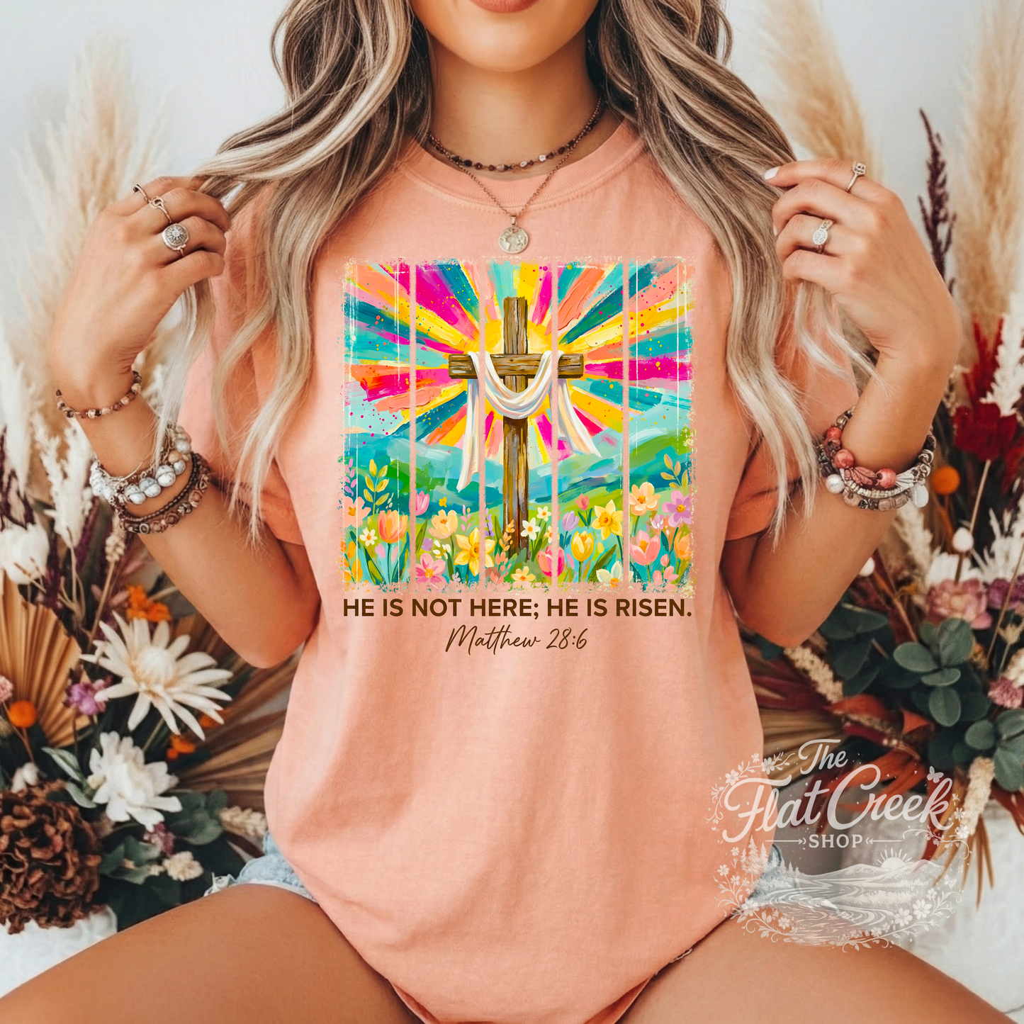 He Is Not Here He Is Risen Shirt | Matthew 28:6 Christian Tee | Easter Cross Graphic T-Shirt | Faith Based Shirt for Women