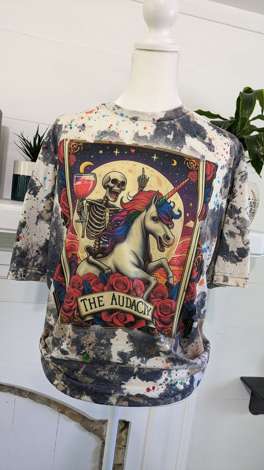 Audacity Tarot Card Bleached Shirt | Colorful Paint Splatter Skeleton Unicorn Graphic TeeSmallThe Flat Creek Shop LLC