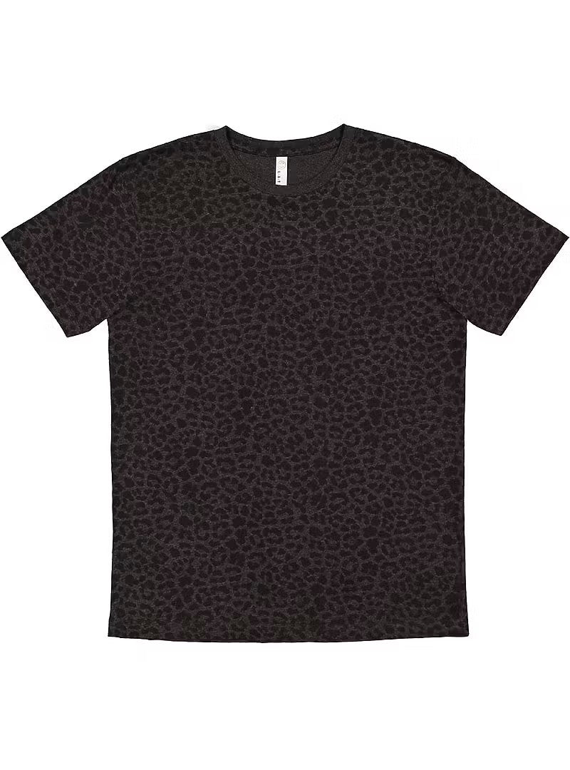 Black t-shirt with subtle leopard pattern on a white background