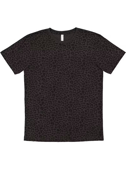 Black t-shirt with subtle leopard pattern on a white background