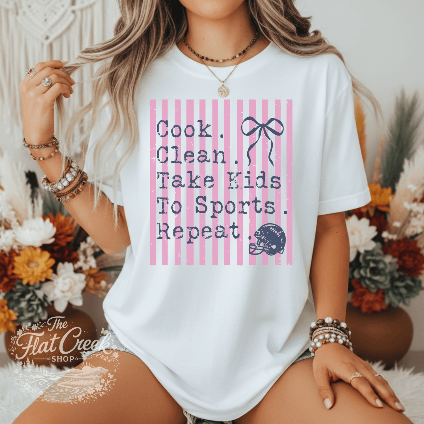Cook Clean Take Kids To Sports Repeat Shirt | Funny Sports Mom Tee | Football Mom | Comfort Colors Flat Creek Shop LLC
