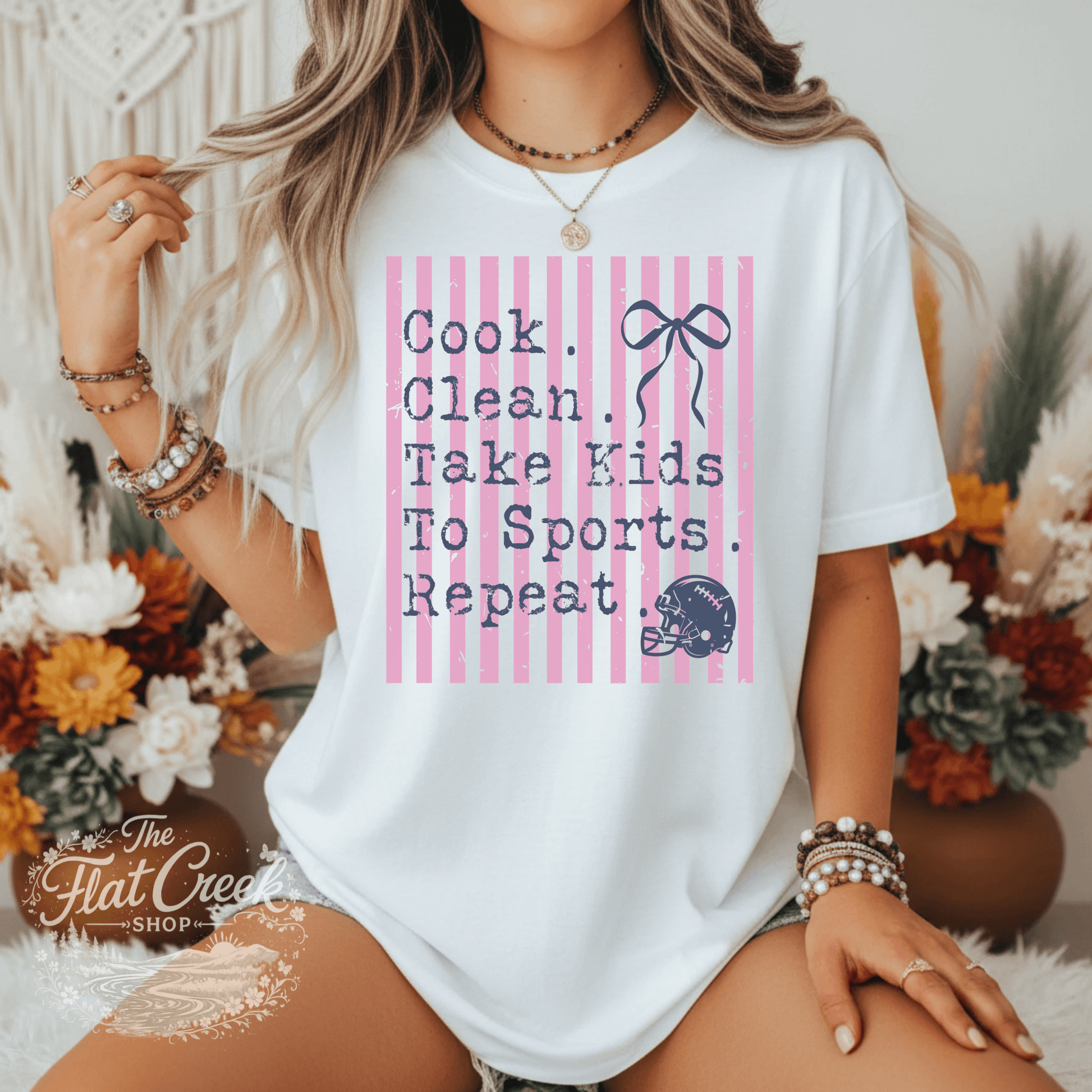 Cook Clean Take Kids To Sports Repeat Shirt | Funny Sports Mom Tee | Football Mom | Comfort Colors Flat Creek Shop LLC