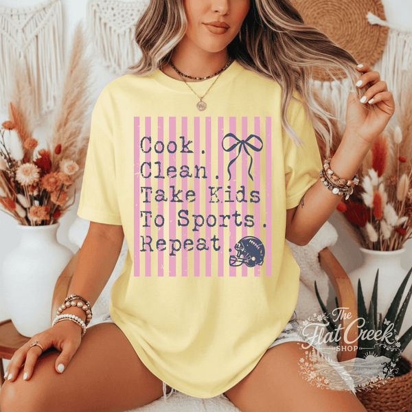 Cook Clean Take Kids To Sports Repeat Shirt | Funny Sports Mom Tee Comfort colors 