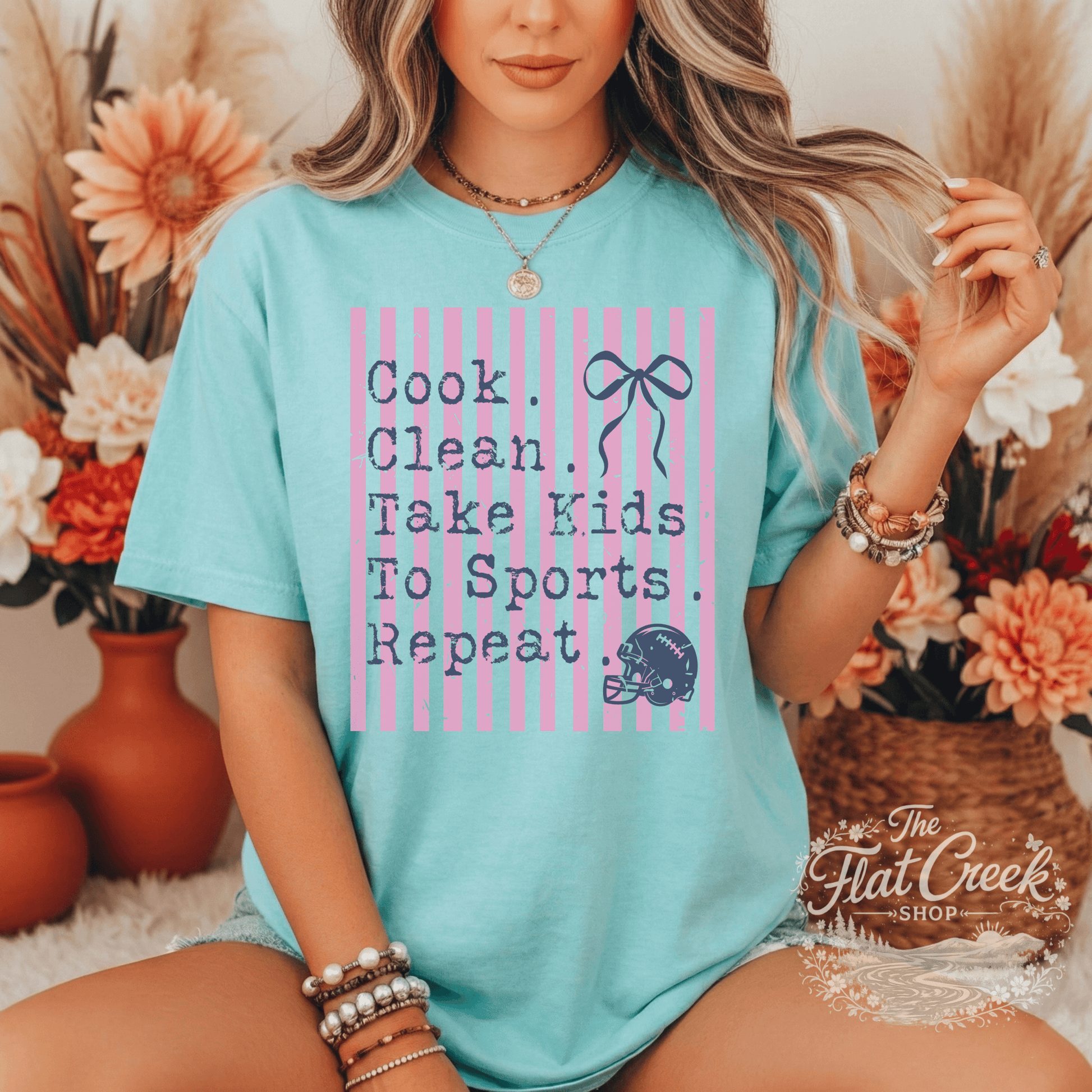 Cook Clean Take Kids To Sports Repeat Shirt | Funny Sports Mom Tee | Football Mom | Comfort Colors The Flat Creek Shop LLC