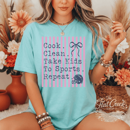 Cook Clean Take Kids To Sports Repeat Shirt | Funny Sports Mom Tee | Football Mom | Comfort Colors The Flat Creek Shop LLC