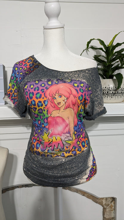 80s Cartoon Bleached T-Shirt: Neon Leopard Print Off-Shoulder Tee