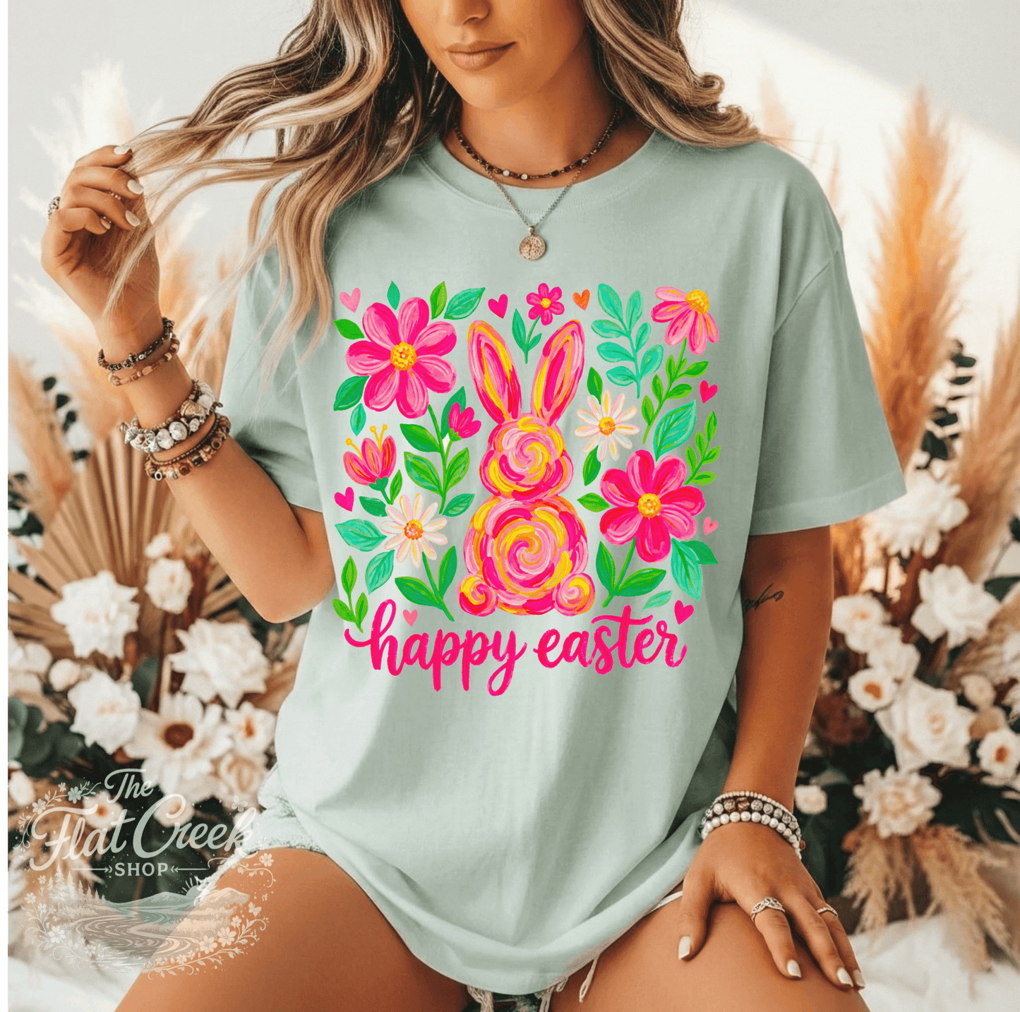 Easter Rabbit Floral Bunny Comfort Colors T-shirtSThe Flat Creek Shop LLC