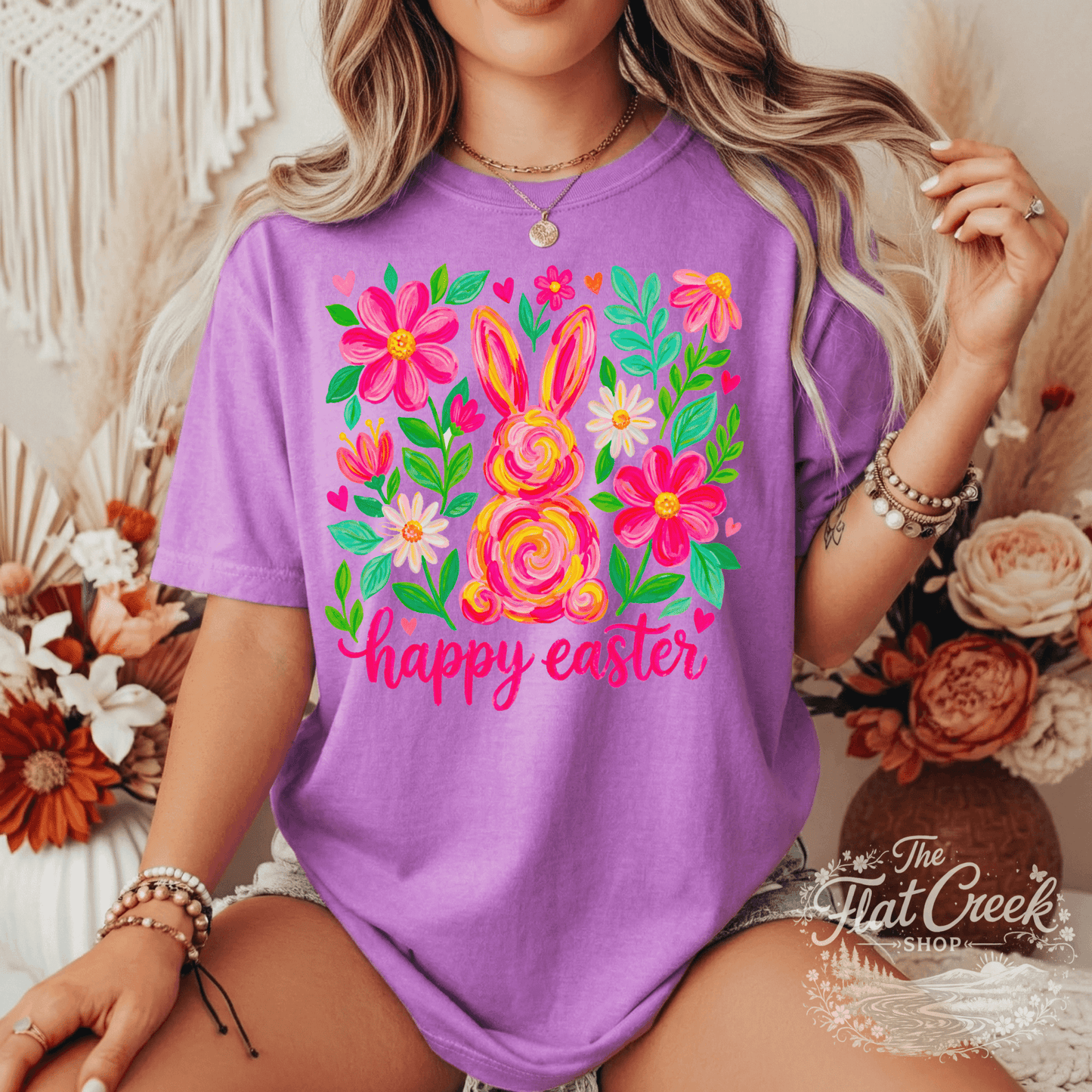 Easter Rabbit Floral Bunny Comfort Colors T-shirtSThe Flat Creek Shop LLC