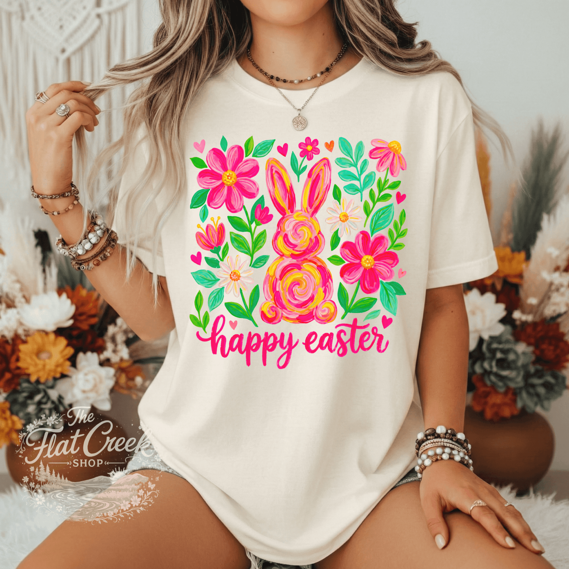 Easter Rabbit Floral Bunny Comfort Colors T-shirtSThe Flat Creek Shop LLC