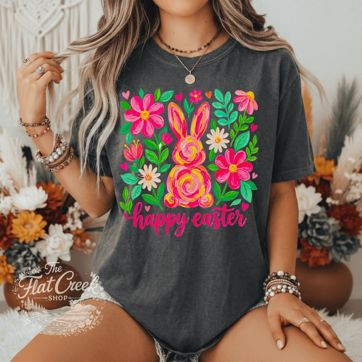 Easter Rabbit Floral Bunny Comfort Colors T-shirtSThe Flat Creek Shop LLC