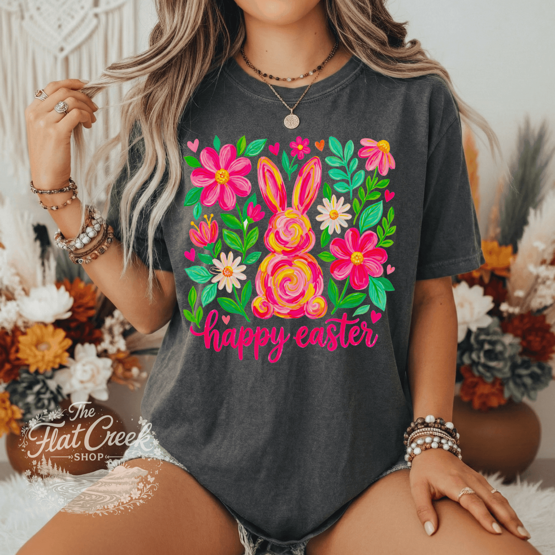 Easter Rabbit Floral Bunny Comfort Colors T-shirtSThe Flat Creek Shop LLC