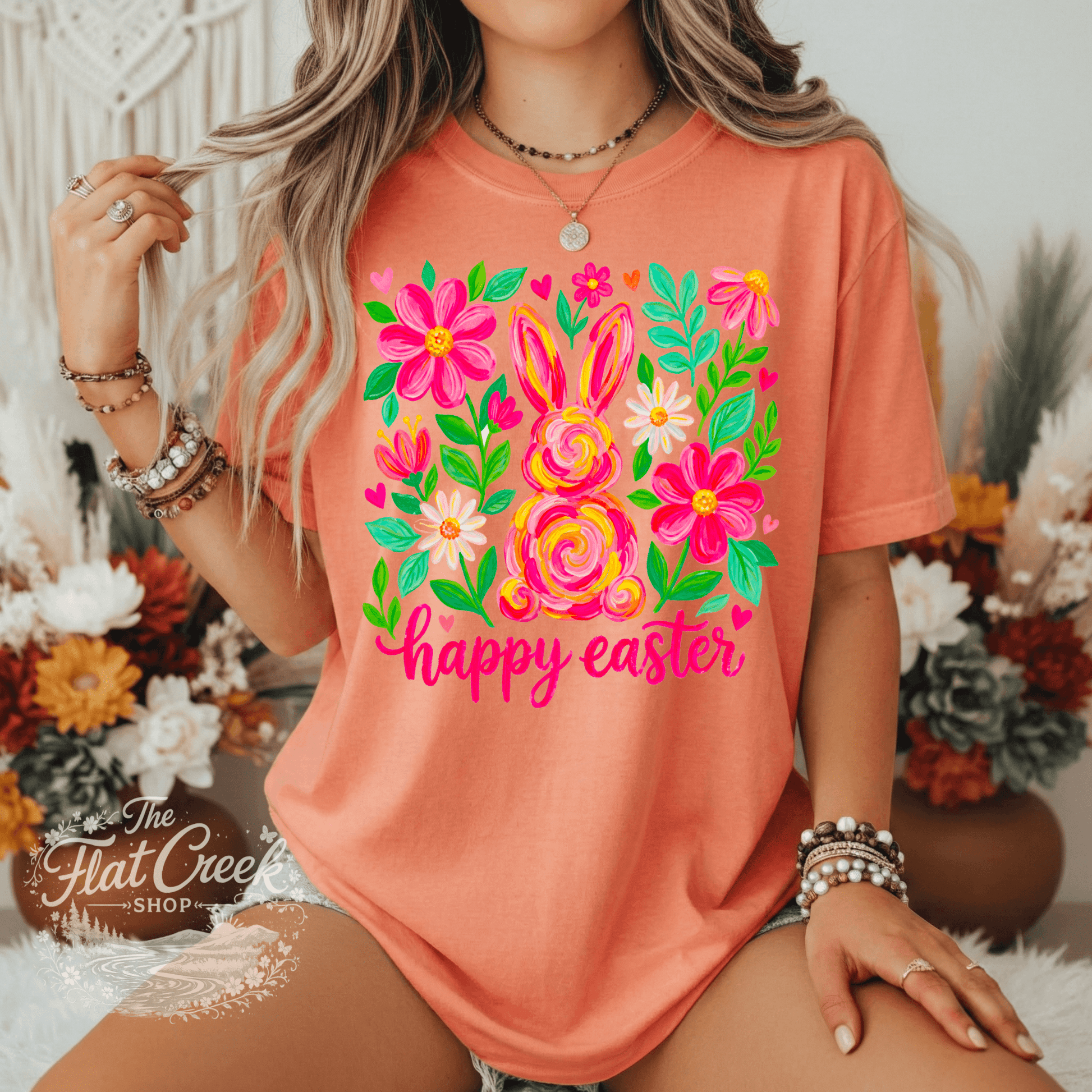 Easter Rabbit Floral Bunny Comfort Colors T-shirtSThe Flat Creek Shop LLC