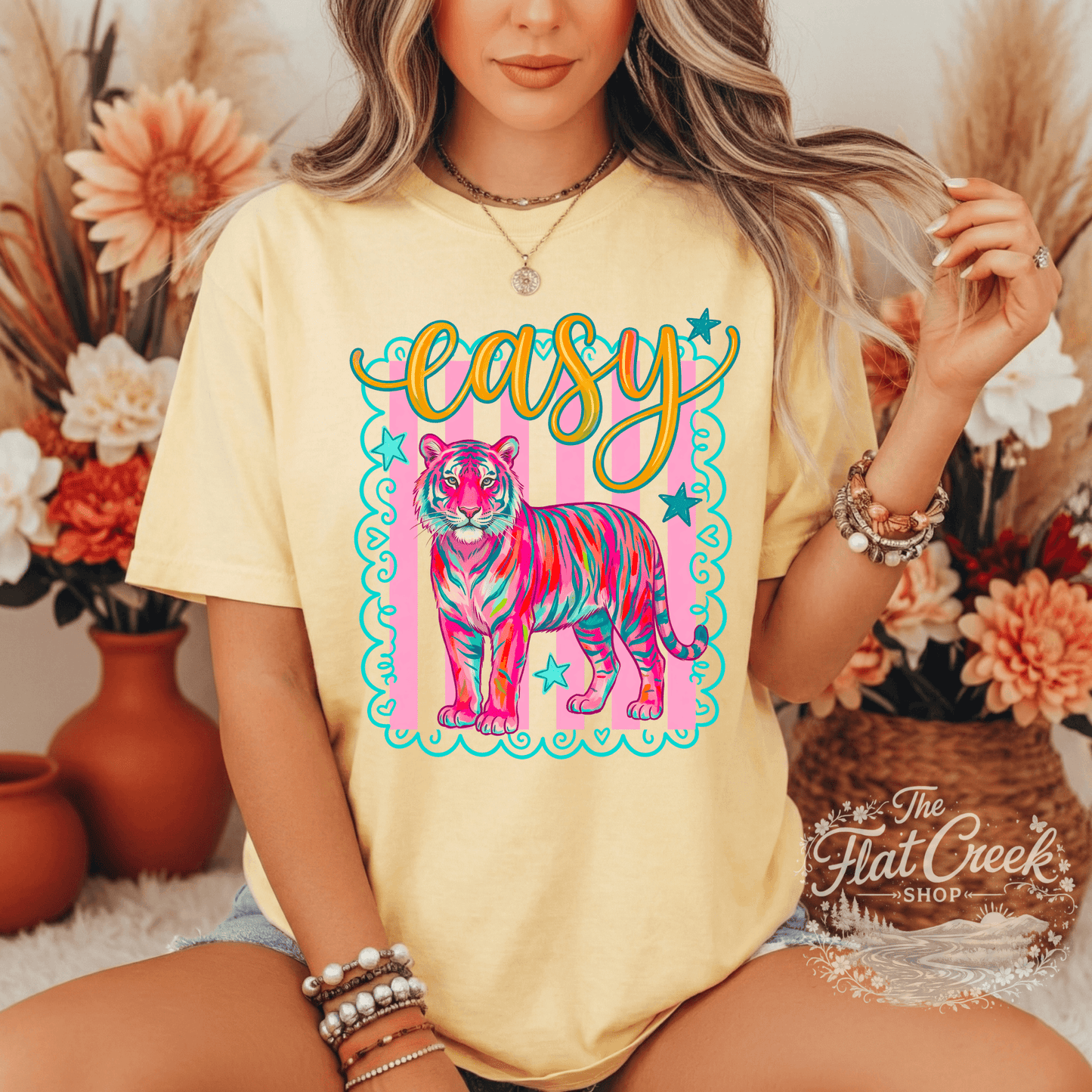 Easy Tiger Graphic Tee | Retro Neon Tiger Shirt | Comfort Colors Style | The Flat Creek Shop (Copy)SThe Flat Creek Shop LLC