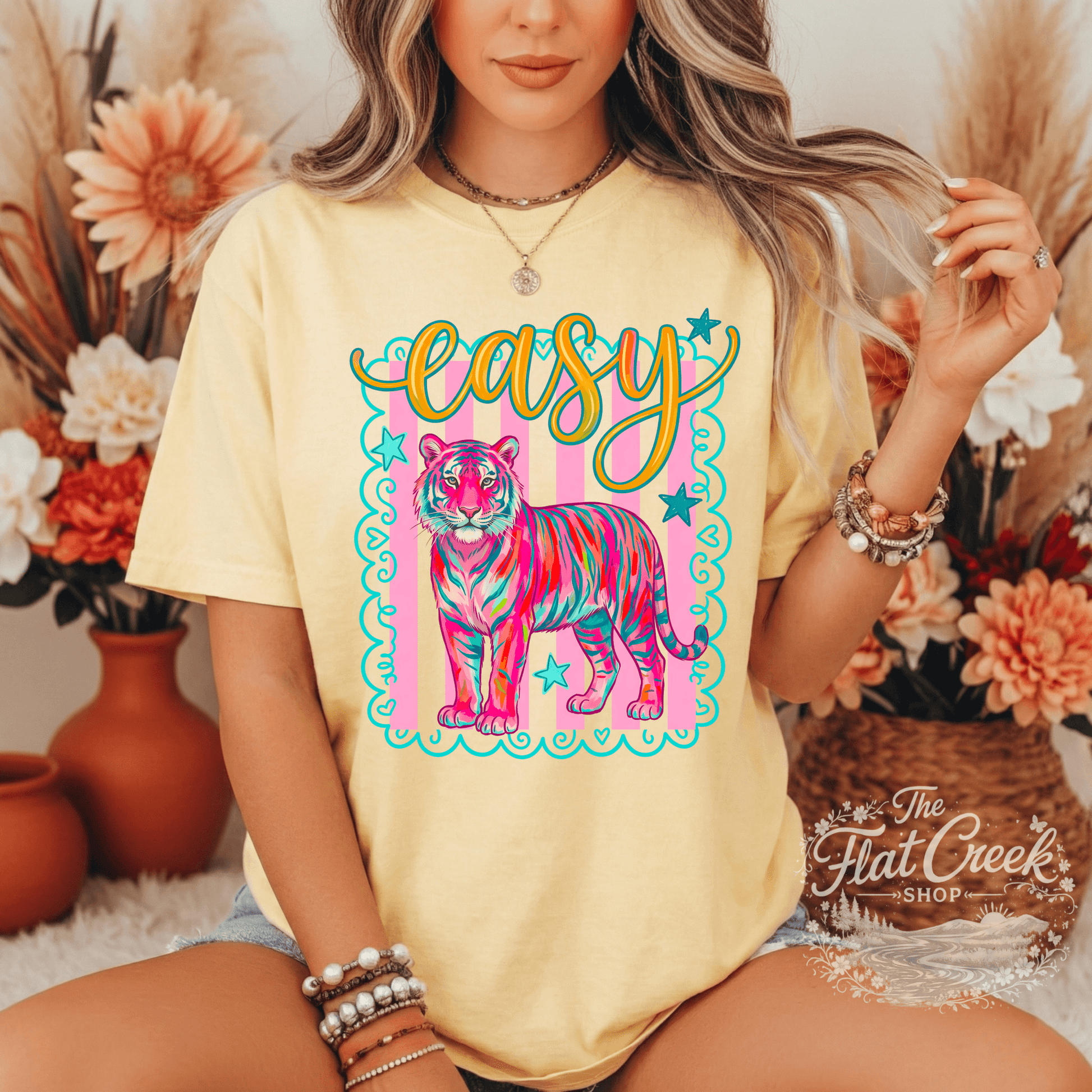 Easy Tiger Graphic Tee | Retro Neon Tiger Shirt | Comfort Colors Style | The Flat Creek Shop (Copy)SThe Flat Creek Shop LLC
