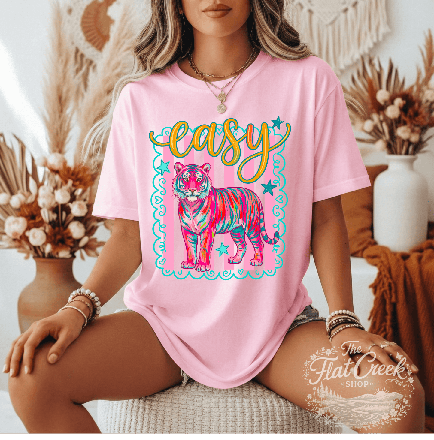 Easy Tiger Graphic Tee | Retro Neon Tiger Shirt | Comfort Colors Style | The Flat Creek Shop (Copy)SThe Flat Creek Shop LLC