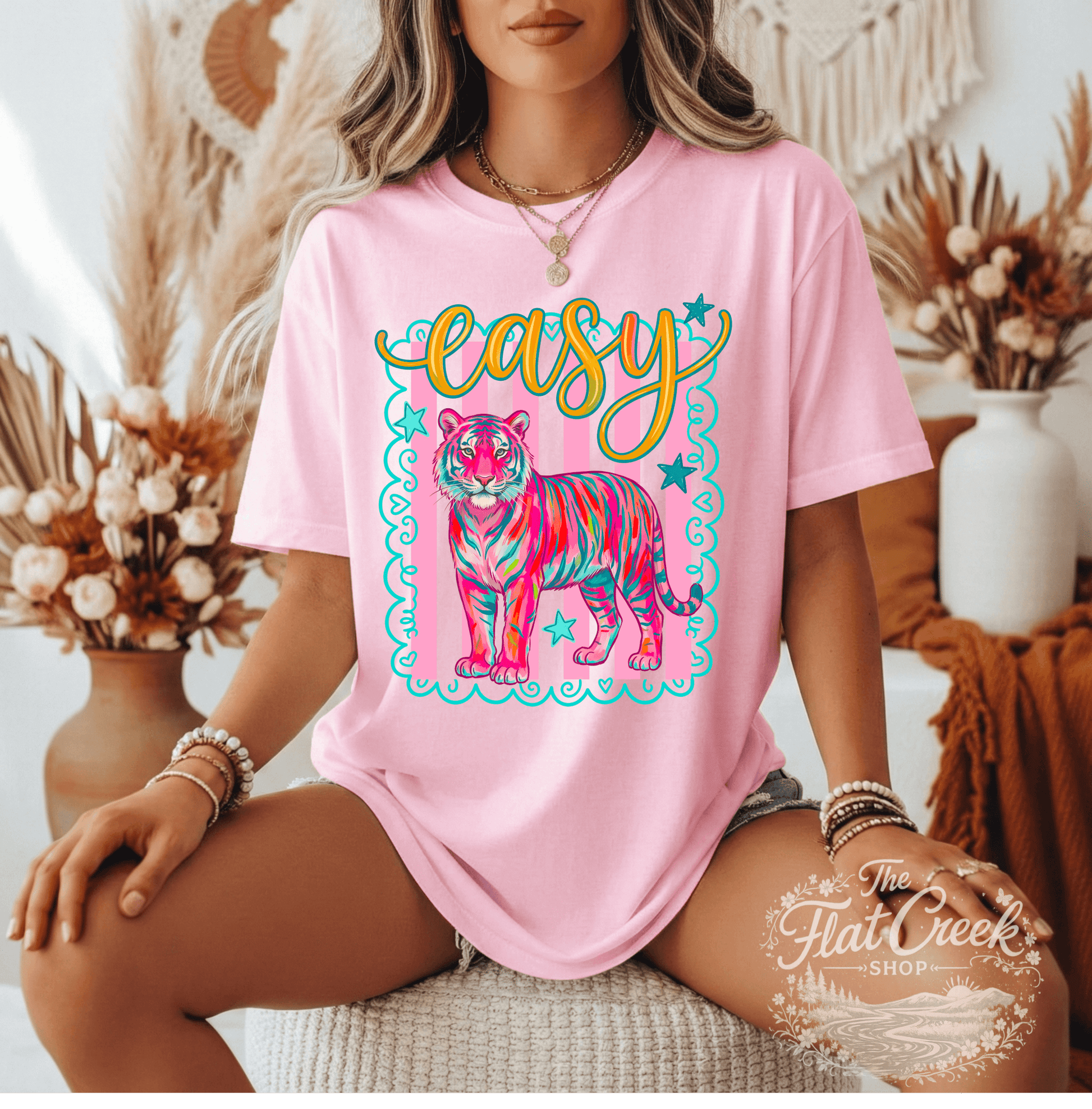 Easy Tiger Graphic Tee | Retro Neon Tiger Shirt | Comfort Colors Style | The Flat Creek Shop (Copy)SThe Flat Creek Shop LLC