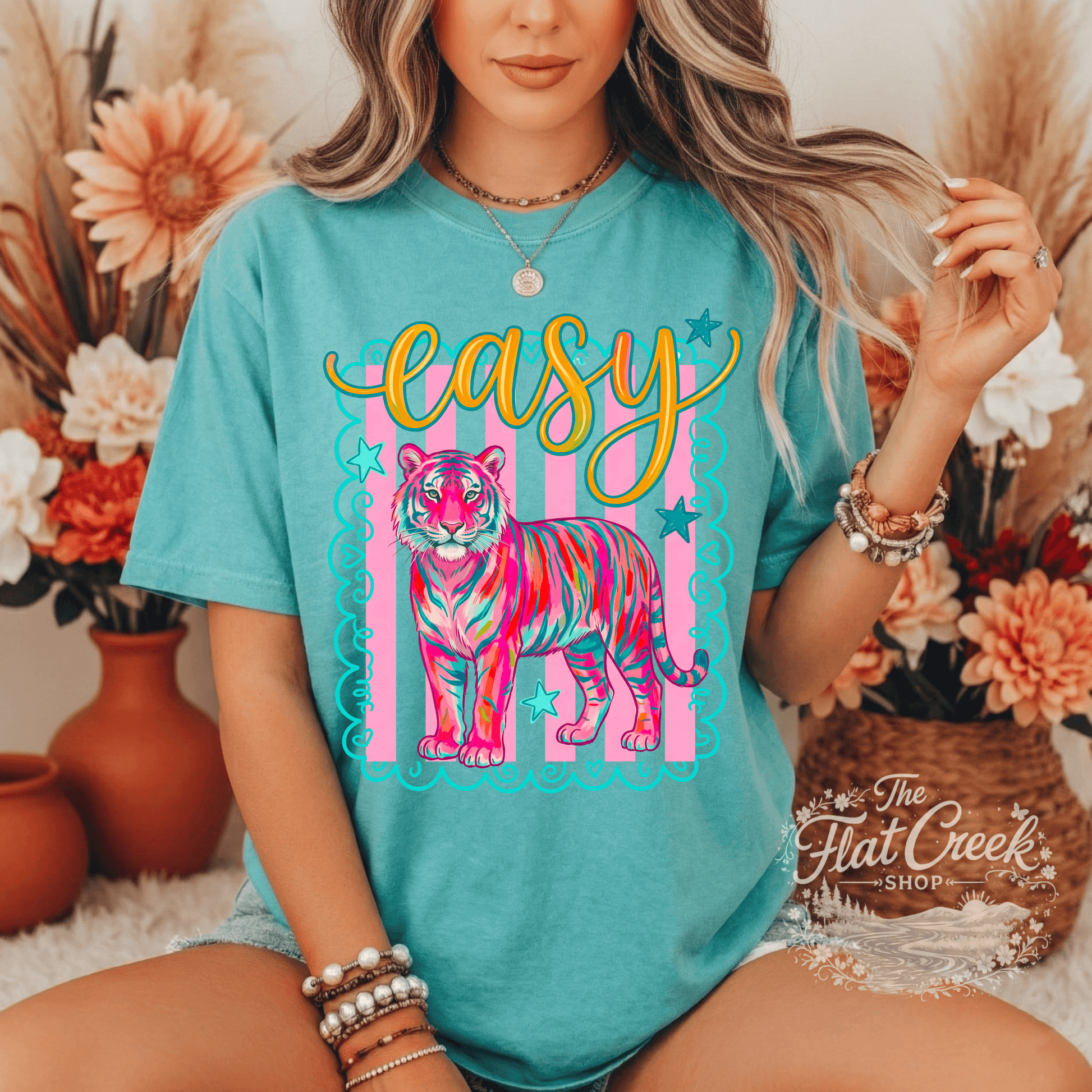 Easy Tiger Graphic Tee | Retro Neon Tiger Shirt | Comfort Colors Style | The Flat Creek Shop (Copy)SThe Flat Creek Shop LLC