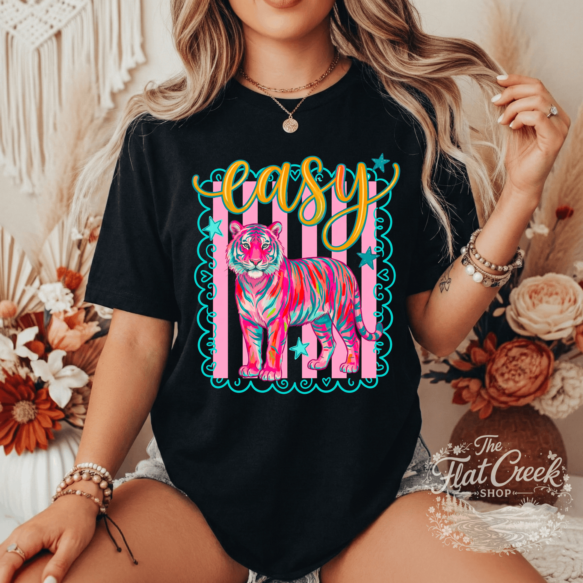 Easy Tiger Graphic Tee | Retro Neon Tiger Shirt | Comfort Colors Style | The Flat Creek Shop (Copy)SThe Flat Creek Shop LLC