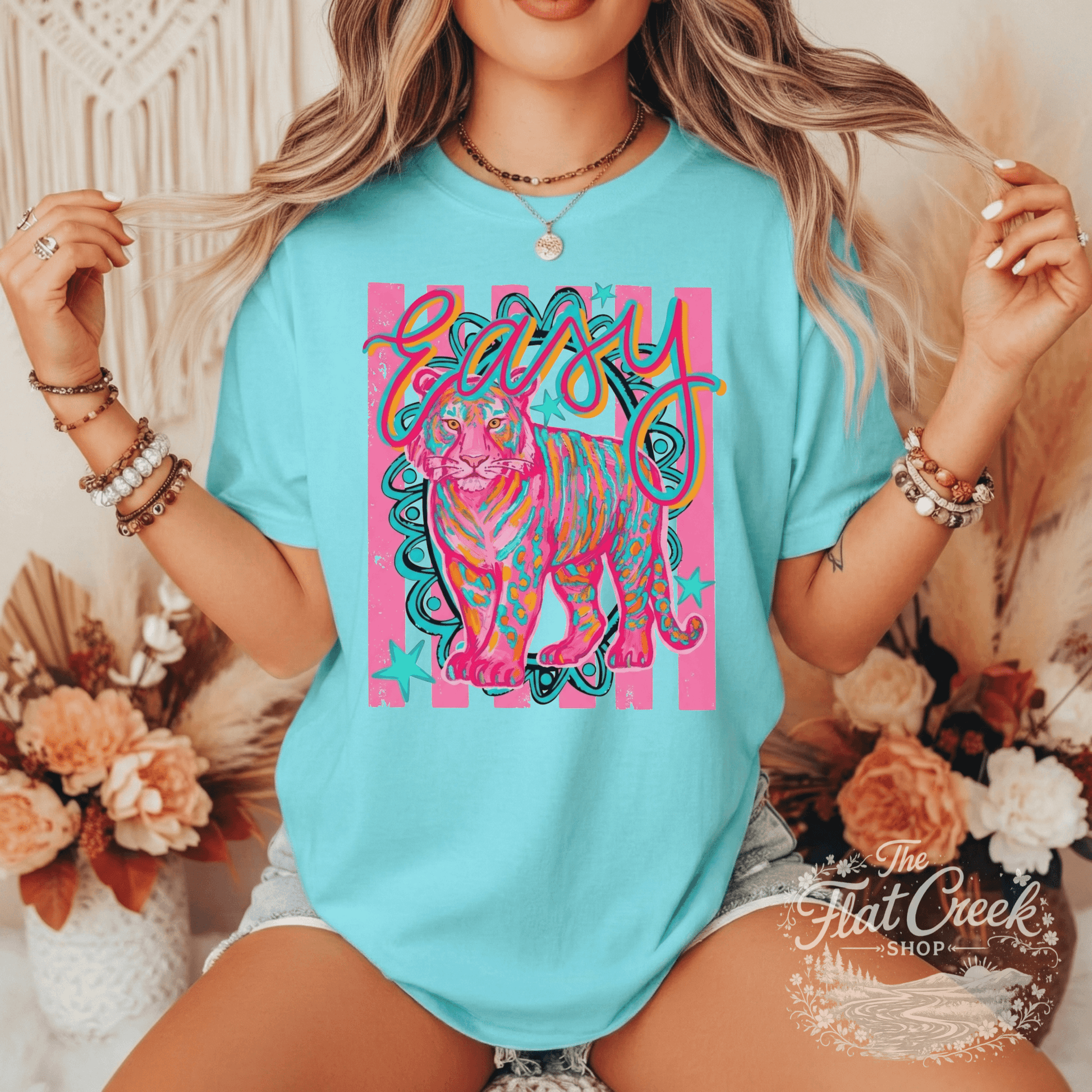 Easy Tiger Graphic Tee | Retro Neon Tiger Shirt | Comfort Colors Style | The Flat Creek ShopSThe Flat Creek Shop LLC